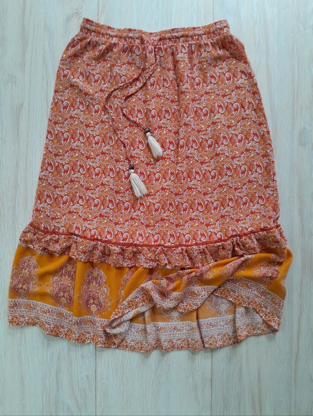Cynthia Rowley Boho Paislay Maxi Skirt Orange Tassel Tie - Picture 5 of 15